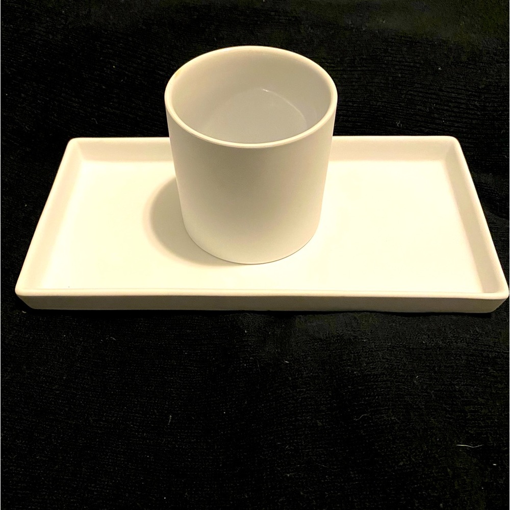 CB2 white ceramic canister and tray